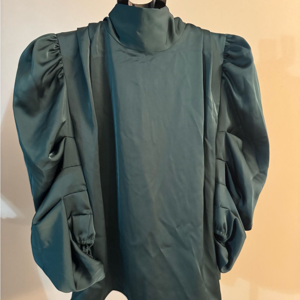 Misa Womens Half Sleeve Tie Back Crew Neck Satin Blouse Dark Green Size Small